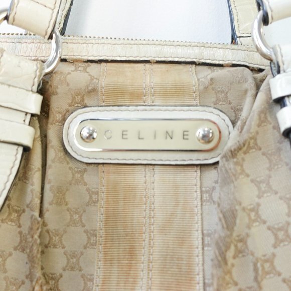 VINTAGE Celine Bag Leather Beige Tote Purse White‎ Macadam Canvas Logo Monogram - Picture 3 of 16